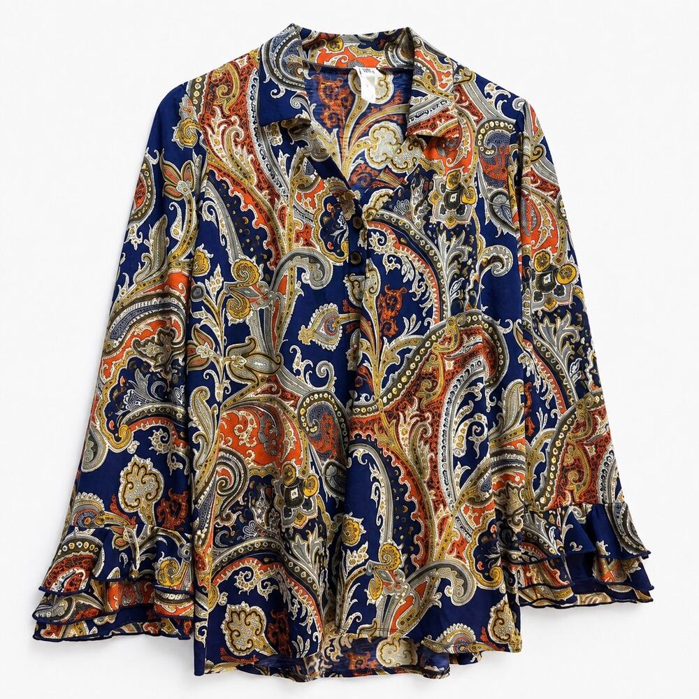 Sew In Love Women’s Large Paisley Blouse Navy Rust Ruffle Bell Sleeve Boho Top